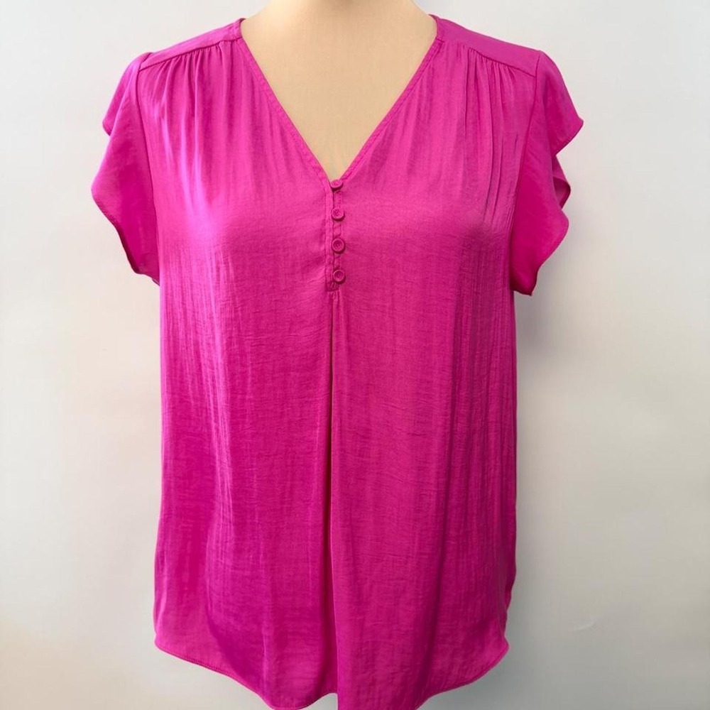 Bright pink satin silky top flutter sleeves size large flowy Blouse Office Wear
